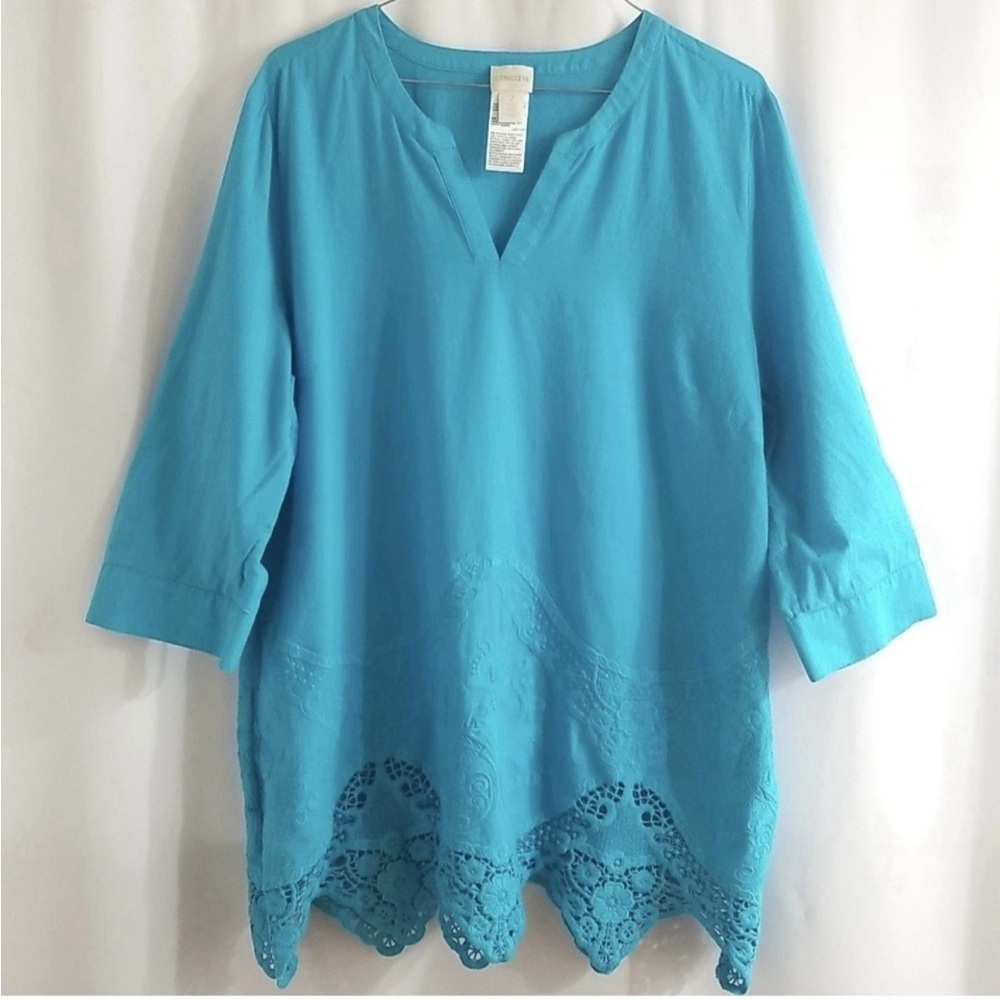 Chico's Blue Tunic with Scalloped Lace Detail